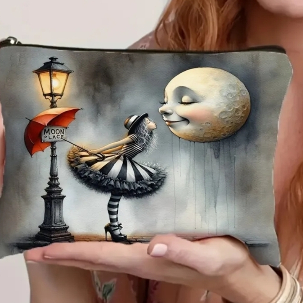 Whimsical Moon and Lamp Makeup Bag